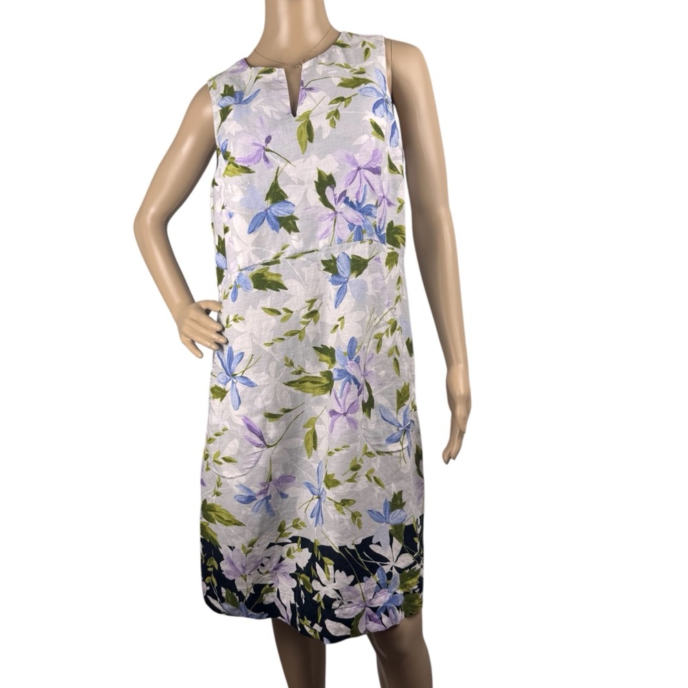 J. Jill Love Linen Blue Gray Floral Shift Dress Pockets Womens Sz S